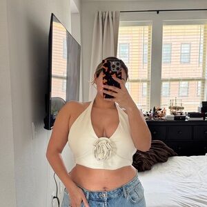 Meshki Cream faux leather Halter Crop Top